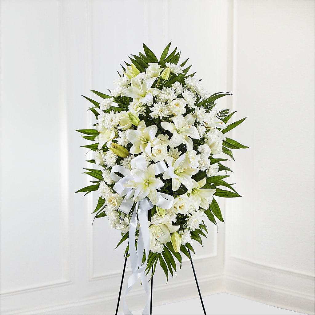 Exquisite Tribute Standing Spray-White Ribbon – Talia Flowers, Ottawa ON