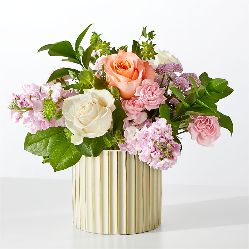 French Market Bouquet with Ivory Vase – lavender, orange, pink